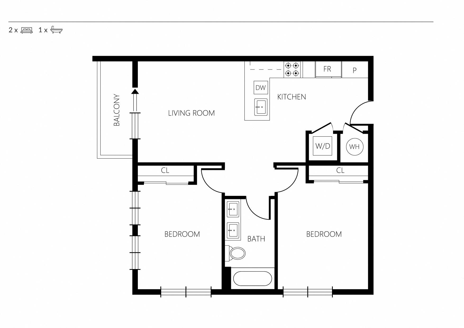 Floor plan for 2 beds, 1 bath, 801 sqft